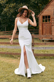 Ivory Simple Mermaid Button Long Wedding Dress with Slit