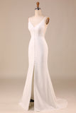 Ivory Spaghetti Straps V-Neck Sweep Train Wedding Dress With Slit