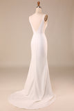 Ivory Spaghetti Straps V-Neck Sweep Train Wedding Dress With Slit