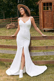 Ivory Simple Mermaid Button Long Wedding Dress with Slit