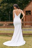 Ivory Simple Mermaid Button Long Wedding Dress with Slit