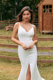 Ivory Simple Mermaid Button Long Wedding Dress with Slit