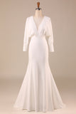 Ivory Mermaid V Neck Sweep Train Wedding Dress with Long Sleeves