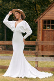 Simple Ivory Mermaid Satin Wedding Dress With Long Sleeves