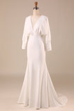 Ivory Mermaid V Neck Sweep Train Wedding Dress with Long Sleeves