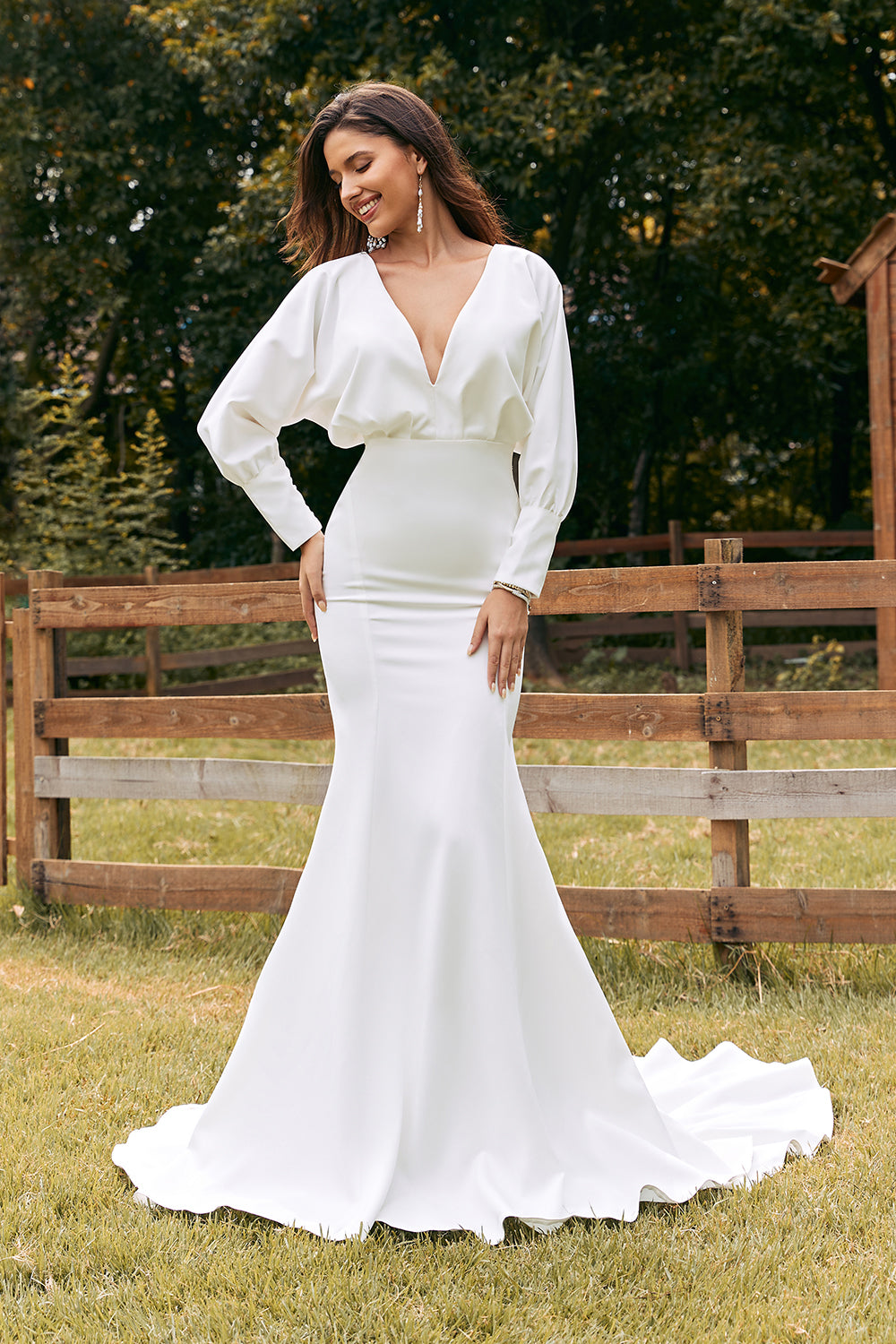 Modern Off-shoulder Fit-and-Flare Satin Bow Bridal Dress - Promfy