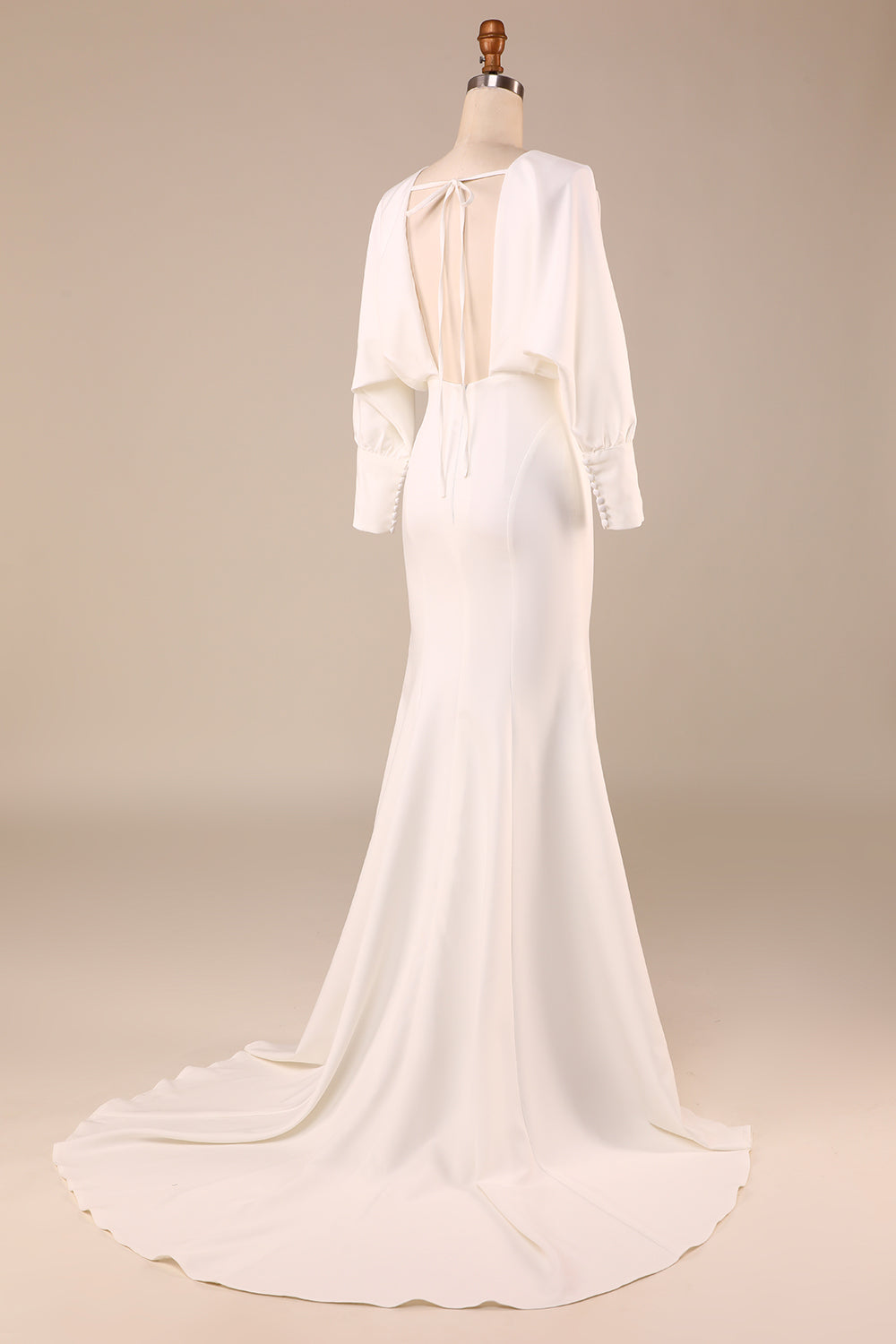 Ivory Mermaid V Neck Sweep Train Wedding Dress with Long Sleeves