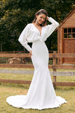 Simple Ivory Mermaid Satin Wedding Dress With Long Sleeves