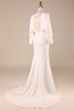 Ivory Mermaid V Neck Sweep Train Wedding Dress with Long Sleeves