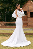 Simple Ivory Mermaid Satin Wedding Dress With Long Sleeves