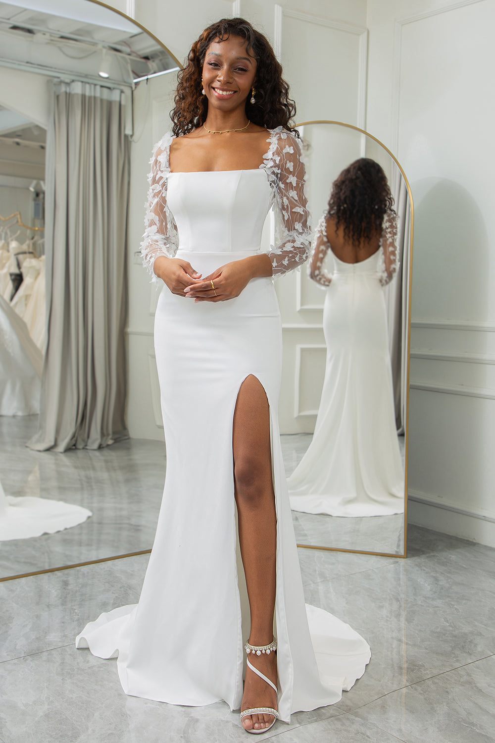 Wedtrend Women Ivory Mermaid Square Neck Sweep Train Satin Wedding Dress with 3D Butterflies Long Sleeves WEDTREND Wedtrend Women Ivory Mermaid Square Neck Sweep Train Satin Wedding Dress with 3D Butterflies Long Sleeves WEDTREND