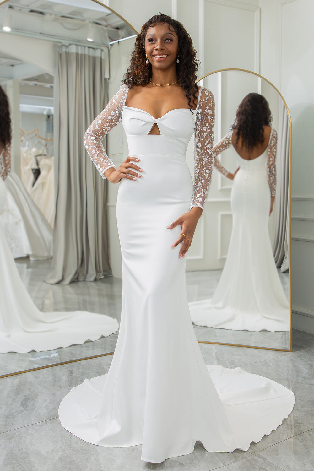 Ivory Mermaid Square Neck Satin Wedding Dress with Lace Long Sleeves