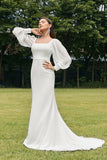 Ivory Mermaid Square Neck Chiffon Long Wedding Dress With Long Sleeves