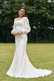 Ivory Mermaid Square Neck Chiffon Long Wedding Dress With Long Sleeves