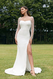 Ivory Mermaid Square Neck Stretch Satin Long Sleeves Wedding Dress With Slit