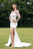 Ivory Mermaid Square Neck Stretch Satin Long Sleeves Wedding Dress With Slit