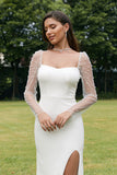 Ivory Mermaid Square Neck Stretch Satin Long Sleeves Wedding Dress With Slit