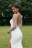 Ivory Mermaid Square Neck Stretch Satin Long Sleeves Wedding Dress With Slit