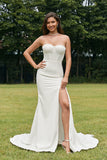 Ivory Mermaid Sweetheart Stretch Satin Long Wedding Dress With Slit