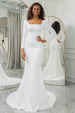 Ivory Mermaid Square Neck Sweep Train Satin Wedding Dress With Long Sleeves