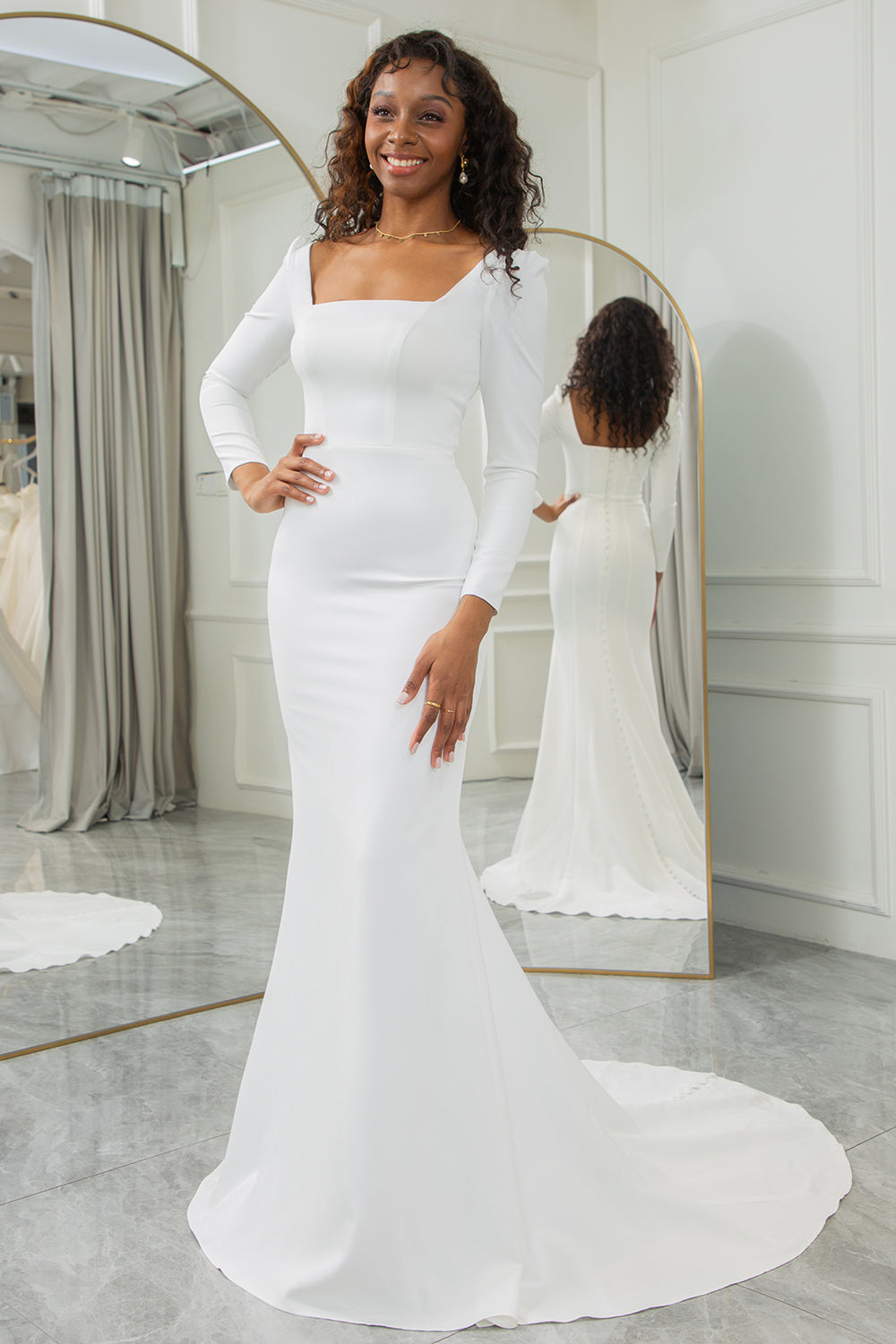 Ivory Mermaid Square Neck Sweep Train Satin Wedding Dress With Long Sleeves