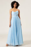 Sky Blue  A-Line Cowl Neck Pleated Open Back Chiffon Bridesmaid Dress