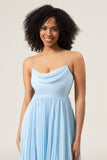 Sky Blue  A-Line Cowl Neck Pleated Open Back Chiffon Bridesmaid Dress