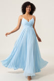 Sky Blue A-Line Spaghetti Straps Pleated Chiffon Bridesmaid Dress
