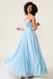 Sky Blue A-Line Spaghetti Straps Pleated Chiffon Bridesmaid Dress