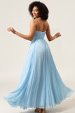 Sky Blue A-Line Spaghetti Straps Pleated Chiffon Bridesmaid Dress