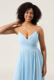 Sky Blue A-Line Spaghetti Straps Pleated Chiffon Bridesmaid Dress