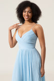 Sky Blue A-Line Spaghetti Straps Pleated Chiffon Bridesmaid Dress