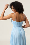 Sky Blue A-Line Spaghetti Straps Pleated Chiffon Bridesmaid Dress