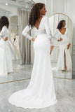 Ivory Mermaid Deep V-Neck Long Sleeves Crepe and Lace Bridal Dress