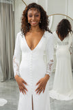 Ivory Mermaid Deep V-Neck Long Sleeves Crepe and Lace Bridal Dress