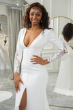 Ivory Mermaid Deep V-Neck Long Sleeves Crepe and Lace Bridal Dress