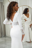 Ivory Mermaid Deep V-Neck Long Sleeves Crepe and Lace Bridal Dress