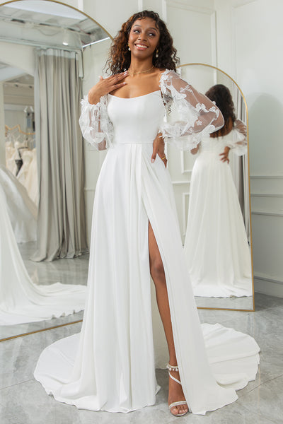 Ivory A Line Long Chiffon Wedding Dress With 3D Butterflies Long Sleeves