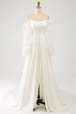 Ivory A Line Long Chiffon Wedding Dress With 3D Butterflies Long Sleeves