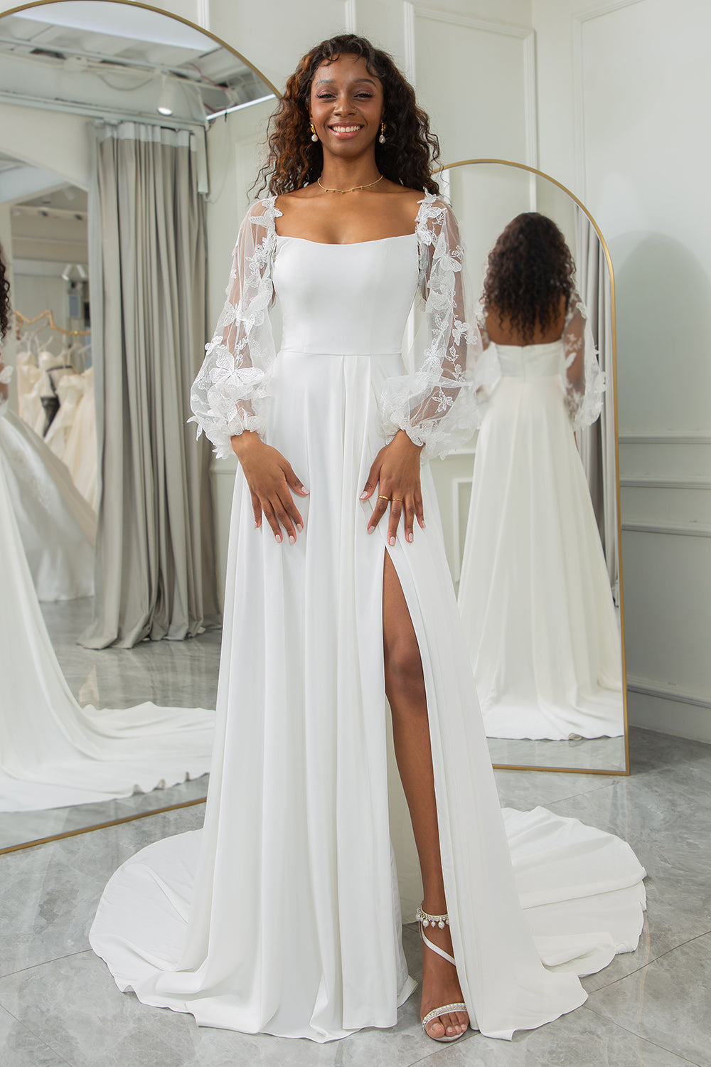 Wedtrend Women Ivory Bridal Dress A Line Long Chiffon Wedding Dress With 3D Butterflies Long Sleeves – WEDTREND