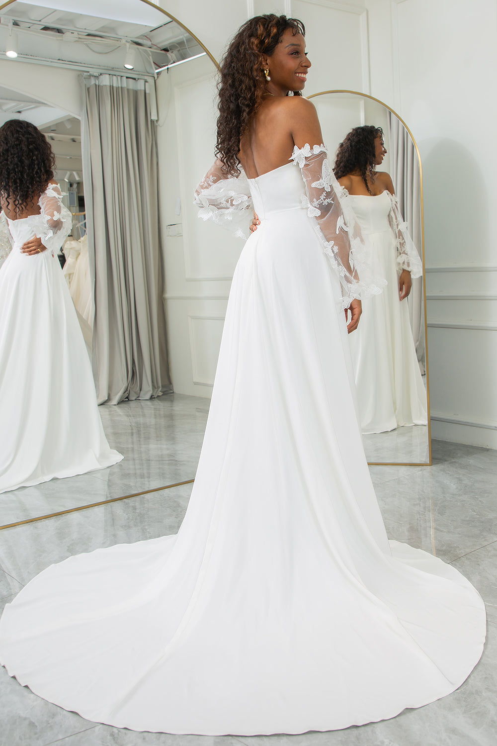 Wedtrend Women Ivory Bridal Dress A Line Long Chiffon Wedding Dress With 3D Butterflies Long Sleeves – WEDTREND Wedtrend Women Ivory Bridal Dress A Line Long Chiffon Wedding Dress With 3D Butterflies Long Sleeves – WEDTREND