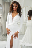 Ivory Sheath V-Neck Long Sleeves Open Back Wedding Dress with Slit