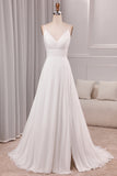 Ivory A Line Spaghetti Straps Chiffon Lace Long Wedding Dress With Slit