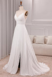 Ivory A Line Spaghetti Straps Sweep Train Bridal Dress With Slit