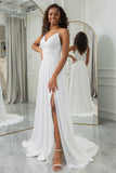 Ivory A Line Spaghetti Straps Chiffon Lace Long Wedding Dress With Slit