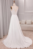Ivory A Line Spaghetti Straps Chiffon Lace Long Wedding Dress With Slit