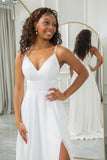 Ivory A Line Spaghetti Straps Chiffon Lace Long Wedding Dress With Slit