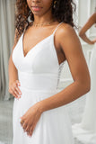 Ivory A Line Spaghetti Straps Chiffon Lace Long Wedding Dress With Slit