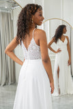 Ivory A Line Spaghetti Straps Chiffon Lace Long Wedding Dress With Slit