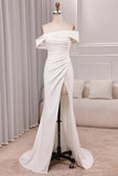 Ivory Mermaid Straight Neck Sweep Train Satin Wedding Dress with Slit